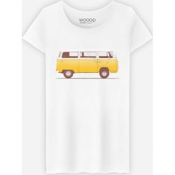 Koszulka "Combi" w kolorze białym. Białe koszulki damskie Wooop, xs, z nadrukiem, z bawełny, z okrągłym kołnierzem. W wyprzedaży za 56,95 zł.