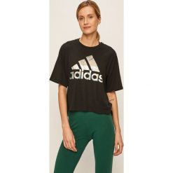 Adidas Performance - T-shirt. Czarne topy damskie adidas Performance, s, z nadrukiem, z bawełny, casualowe, z okrągłym kołnierzem. Za 119,90 zł.