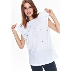 T-SHIRT DAMSKI Z OZDOBNYMI KORALIKAMI. Białe bluzki damskie TROLL, l, bez wzorów, bez kołnierzyka. Za 29,99 zł.