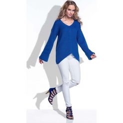 Chabrowy Sweter w Serek z Rozkloszowanymi Rękawami. Niebieskie swetry damskie marki Molly.pl, s, bez wzorów, z dzianiny, biznesowe, z długim rękawem, długie, bez kaptura. Za 116,90 zł.