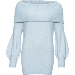 Sweter dzianinowy z szerokim golfem bonprix pudrowy niebieski melanż. Fioletowe swetry damskie bonprix, bez wzorów, z dzianiny, bez rękawów. Za 99,99 zł.