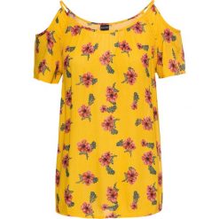 Bluzka cold-shoulder bonprix szafranowy z nadrukiem. Żółte bluzki damskie bonprix, z nadrukiem, bez kołnierzyka, bez rękawów. Za 89,99 zł.