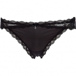 Stringi "Noelle" w kolorze czarnym. Czarne stringi damskie marki LASCANA, w koronkowe wzory, z koronki. W wyprzedaży za 45,95 zł.