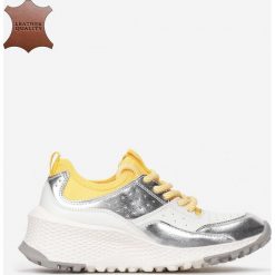 Biało-Żółte Skórzane Sneakersy Nesameine. Białe sneakersy damskie Renee. Za 159,99 zł.