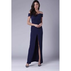 Granatowa Wieczorowa Sukienka Maxi Odsłaniająca Dekolt i Ramiona. Niebieskie sukienki damskie Molly.pl, s, bez wzorów, eleganckie, bez kołnierzyka, z długim rękawem, długie, maxi, ołówkowe. Za 139,90 zł.