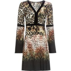 Sukienka w cętki leoparda bonprix brązowo-czarny leo. Pomarańczowe sukienki damskie bonprix, bez wzorów, bez kołnierzyka, bez rękawów. Za 129,99 zł.