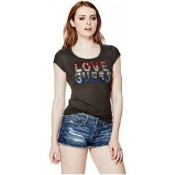 Guess Damski T-Shirt Kaida Sequin Tee Black (Rozmiar M). Czarne koszulki damskie marki Guess, m, z aplikacjami, z materiału, bez kołnierzyka. W wyprzedaży za 126,00 zł.
