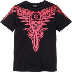 T-shirt z metalicznym nadrukiem Slim Fit bonprix czarny. Czarne koszulki męskie bonprix, s, z nadrukiem, z okrągłym kołnierzem, bez rękawów. Za 44,99 zł.