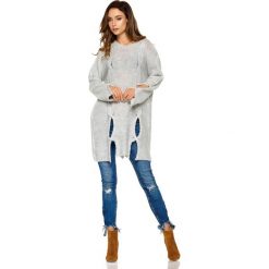 Dłuższy Jasnoszary Sweter z Owalnymi Wycięciami. Niebieskie swetry oversize damskie Molly.pl, uniwersalny, z jeansu. Za 109,90 zł.