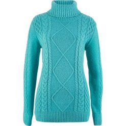 Sweter z golfem bonprix zieleń morska. Zielone swetry damskie bonprix, bez wzorów, bez rękawów. Za 79,99 zł.