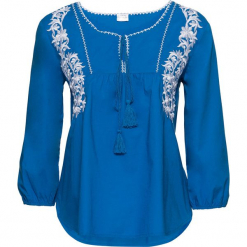 Bluzka tunikowa, rękawy 3/4 bonprix lazurowy niebieski - biały. Niebieskie bluzki damskie bonprix, z haftami, eleganckie. Za 89,99 zł.