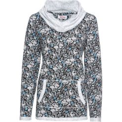 Bluza z lekkiego, lejącego materiału, długi rękaw bonprix czarny w kwiaty. Czarne bluzy damskie bonprix, w kwiaty, z długim rękawem, długie, bez kaptura. Za 49,99 zł.