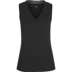 Top z ażurową koronką bonprix czarny. Czarne bluzki damskie bonprix, w koronkowe wzory, z koronki, bez kołnierzyka, bez rękawów. Za 32,99 zł.