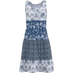 Sukienka bonprix indygo z nadrukiem. Niebieskie sukienki damskie bonprix, na plażę, z nadrukiem, bez kołnierzyka, bez rękawów. Za 74,99 zł.