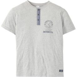 Shirt z dekoltem henley bonprix jasnoszary melanż. Szare koszulki męskie bonprix, s, z nadrukiem, bez kołnierzyka, bez rękawów. Za 44,99 zł.