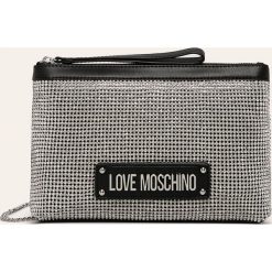 Love Moschino - Kopertówka. Czarne kopertówki damskie Love Moschino, w paski, ze skóry ekologicznej, na ramię, małe, z aplikacjami. W wyprzedaży za 499,90 zł.