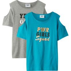 T-shirt z wycięciami na ramionach (2 szt.) bonprix jasnoszary melanż - ciemnoturkusowy. Szare bluzki dziewczęce bonprix, z nadrukiem, bez kołnierzyka, bez rękawów, bez kaptura. Za 45,98 zł.