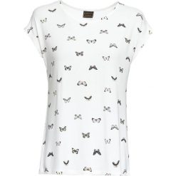 Shirt bonprix biały wzorzysty. Białe koszulki damskie marki bonprix, z nadrukiem, z dzianiny, z okrągłym kołnierzem, z krótkim rękawem. Za 69,99 zł.