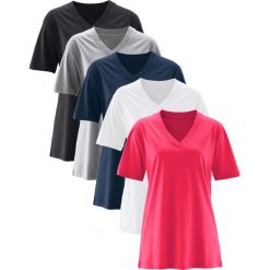 Długi shirt z dekoltem w szpic (5 sztuk), krótki rękaw bonprix różowy hibiskus + jasnoszary melanż + biały + czarny + ciemnoniebieski. Różowe koszulki damskie bonprix, bez wzorów, bez kołnierzyka, z długim rękawem. Za 99,95 zł.