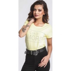 Żółty T-shirt Mega Factor. Żółte bluzki damskie marki other, s, z nadrukiem, z dzianiny, z okrągłym kołnierzem. Za 39,99 zł.
