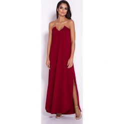 Bordowa Elegancka Wieczorowa Sukienka Maxi na Łańcuszku. Czerwone sukienki damskie Molly.pl, na sylwestra, s, bez wzorów, eleganckie, bez kołnierzyka, z długim rękawem, długie, maxi. Za 189,90 zł.