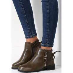 Khaki Botki Favourable. Brązowe botki damskie na obcasie balada, z materiału, z okrągłym noskiem, na zamek. Za 99,99 zł.