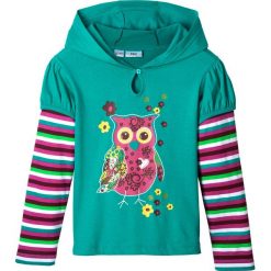 Shirt z długim rękawem z kapturem bonprix szmaragdowy. Zielone bluzki dziewczęce bonprix, z nadrukiem, z kapturem, z długim rękawem, długie, z kapturem. Za 34,99 zł.