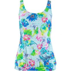 Top plażowy bonprix turkusowy z nadrukiem. Niebieskie stroje kąpielowe damskie bonprix, z nadrukiem, bez kołnierzyka. Za 89,99 zł.