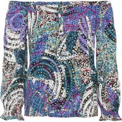 Bluzka z dekoltem carmen bonprix niebieski wzorzysty. Niebieskie koszulki damskie bonprix, bez wzorów, z wiskozy, bez kołnierzyka. Za 42,99 zł.