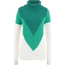 Sweter z golfem "colour-blocking" bonprix dymny szmaragdowy - szmaragdowy wzorzysty. Niebieskie swetry damskie bonprix, bez wzorów, bez rękawów. Za 44,99 zł.