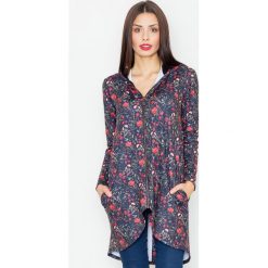 Bluzy damskie: Czarna Bluza na Suwak w Kwiaty z Kapturem