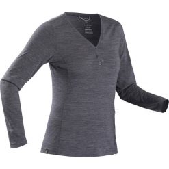 Koszulka trekkingowa - TRAVEL 500 MERINO damska. Niebieskie koszulki damskie FORCLAZ, s, bez wzorów, z wełny, bez kołnierzyka, bez rękawów. Za 119,99 zł.