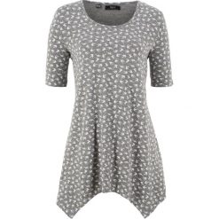 Shirt z dłuższymi bokami, krótki rękaw bonprix szary melanż z nadrukiem. Szare koszulki damskie marki bonprix, z nadrukiem, bez kołnierzyka, z krótkim rękawem. Za 44,99 zł.