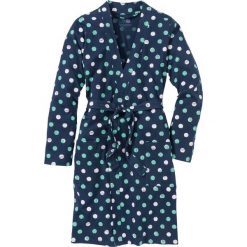 Szlafrok z dzianiny shirtowej bonprix ciemnoniebieski w kropki. Niebieskie szlafroki damskie bonprix, w paski, z bawełny, bez rękawów, bez kaptura. Za 74,99 zł.