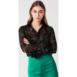 Bluzki damskie: NA-KD Boho Szyfonowa bluzka z rękawami z falbaną – Black,Multicolor