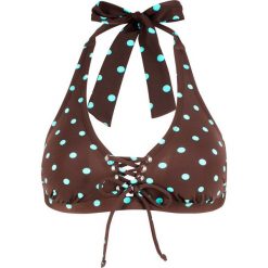 Biustonosz bikini z ramiączkami wiązanymi na szyi, szybko schnący bonprix brązowo-turkusowy w kropki. Pomarańczowe stroje kąpielowe damskie bonprix, bez wzorów. Za 49,99 zł.