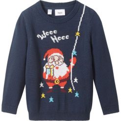 Sweter bożonarodzeniowy bonprix ciemnoniebieski. Niebieskie swetry chłopięce bonprix, z nadrukiem, z okrągłym kołnierzem. Za 74,99 zł.