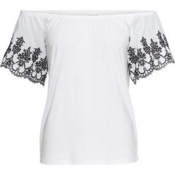 Shirt "carmen" z ażurowym haftem bonprix biało-czarny. Białe koszulki damskie bonprix, z haftami, bez kołnierzyka, bez rękawów. Za 69,99 zł.
