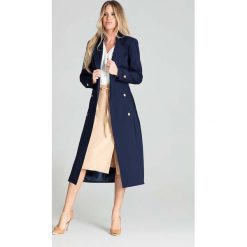 Dwurzędowy Płaszcz Trencz z Paskiem - Granatowy. Niebieskie kurtki damskie FIGL, xl, bez wzorów, z poliesteru, bez kaptura. Za 449,90 zł.