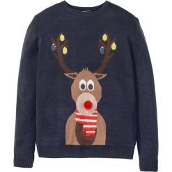 Sweter z bożonarodzeniowym motywem bonprix ciemnoniebieski. Niebieskie swetry męskie bonprix, xl, bez wzorów, z okrągłym kołnierzem, bez kaptura. Za 74,99 zł.