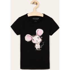 Guess Jeans - T-shirt dziecięcy 118-175 cm. Białe bluzki dziewczęce Guess Jeans, z nadrukiem, z elastanu, z okrągłym kołnierzem, z krótkim rękawem, krótkie, bez kaptura. W wyprzedaży za 69,90 zł.