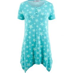 Shirt z dłuższymi bokami, krótki rękaw bonprix zieleń morska z nadrukiem. Żółte koszulki damskie marki bonprix, z nadrukiem, bez kołnierzyka. Za 59,99 zł.
