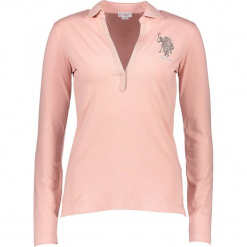 Koszulka polo w kolorze jasnoróżowym. Czerwone bluzki z odkrytymi ramionami U.S. Polo Assn., xs, z haftami, polo. W wyprzedaży za 173,95 zł.