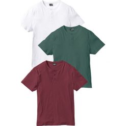Shirt z dekoltem henley (3 szt.) bonprix bordowy + zielony wojskowy + biały. Czerwone koszulki męskie bonprix, s, bez wzorów, militarne, bez kołnierzyka, bez rękawów. Za 98,97 zł.