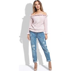 Pudrowy Sweter z Dekoltem Typu Carmen. Różowe piżamy damskie Molly.pl, uniwersalny, bez wzorów, eleganckie, z krótkim rękawem, krótkie, bez kaptura. Za 99,90 zł.