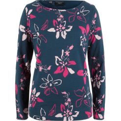 Shirt z długim rękawem, w kwiaty bonprix ciemnoniebieski z nadrukiem. Niebieskie koszulki damskie marki bonprix, z nadrukiem, bez kołnierzyka. Za 44,99 zł.