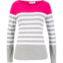 Shirt z długim rękawem bonprix ciemnoróżowo-biało-jasnoszary melanż w paski. Różowe koszulki damskie bonprix, w paski, bez kołnierzyka. Za 54,99 zł.