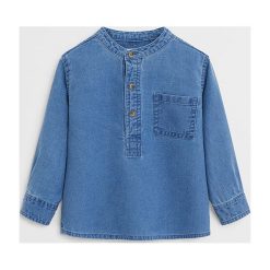 Mango Kids - Koszula dziecięca Pol 80-104 cm. Niebieskie koszule chłopięce Mango Kids, bez wzorów, z bawełny, casualowe, ze stójką, z długim rękawem, długie. Za 69,90 zł.