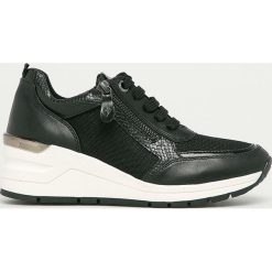 Marco Tozzi - Buty. Czarne koturny damskie Marco Tozzi, z okrągłym noskiem, bez obcasa, na obcasie, na sznurówki. Za 299,90 zł.