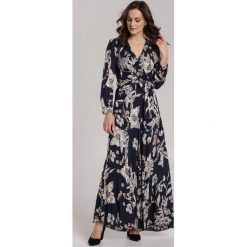 Granatowa Sukienka Bailee. Niebieskie sukienki damskie Renee, s, w paski, z tkaniny, eleganckie, bez kołnierzyka, bez rękawów, długie, maxi, kopertowe. Za 139,99 zł.